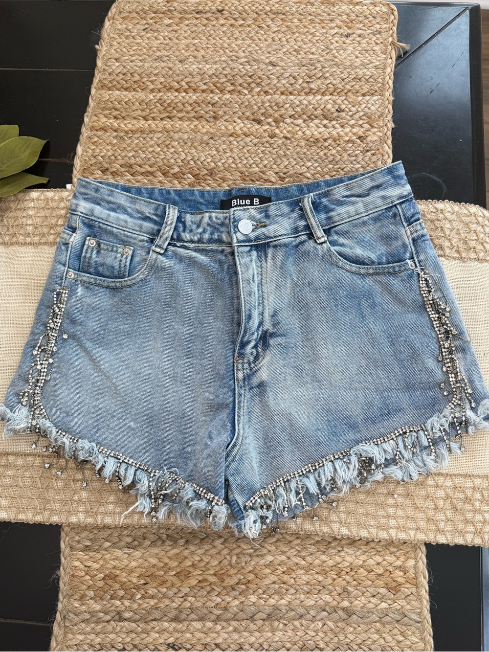 Blue B Light Wash Denim Jean rhinestone Fringe Shorts